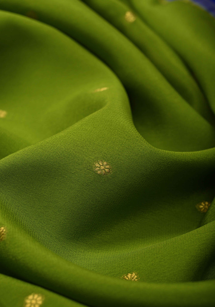 Sap Green Pure Mysore Silk Saree with Chunri Buttas &  Zari borders in Ksic Grade thickness | SILK MARK CERTIFIED