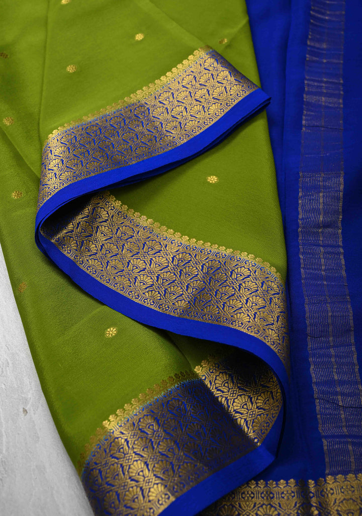 Sap Green Pure Mysore Silk Saree with Chunri Buttas &  Zari borders in Ksic Grade thickness | SILK MARK CERTIFIED