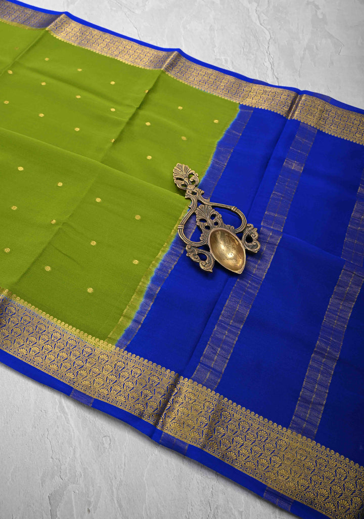 Sap Green Pure Mysore Silk Saree with Chunri Buttas &  Zari borders in Ksic Grade thickness | SILK MARK CERTIFIED