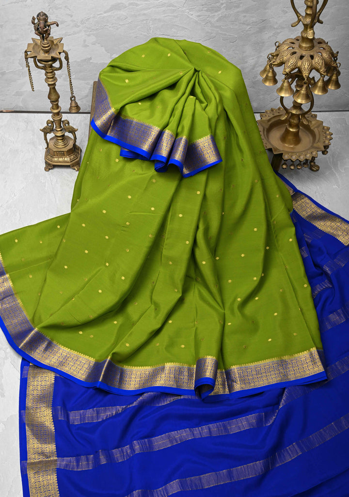 Sap Green Pure Mysore Silk Saree with Chunri Buttas &  Zari borders in Ksic Grade thickness | SILK MARK CERTIFIED