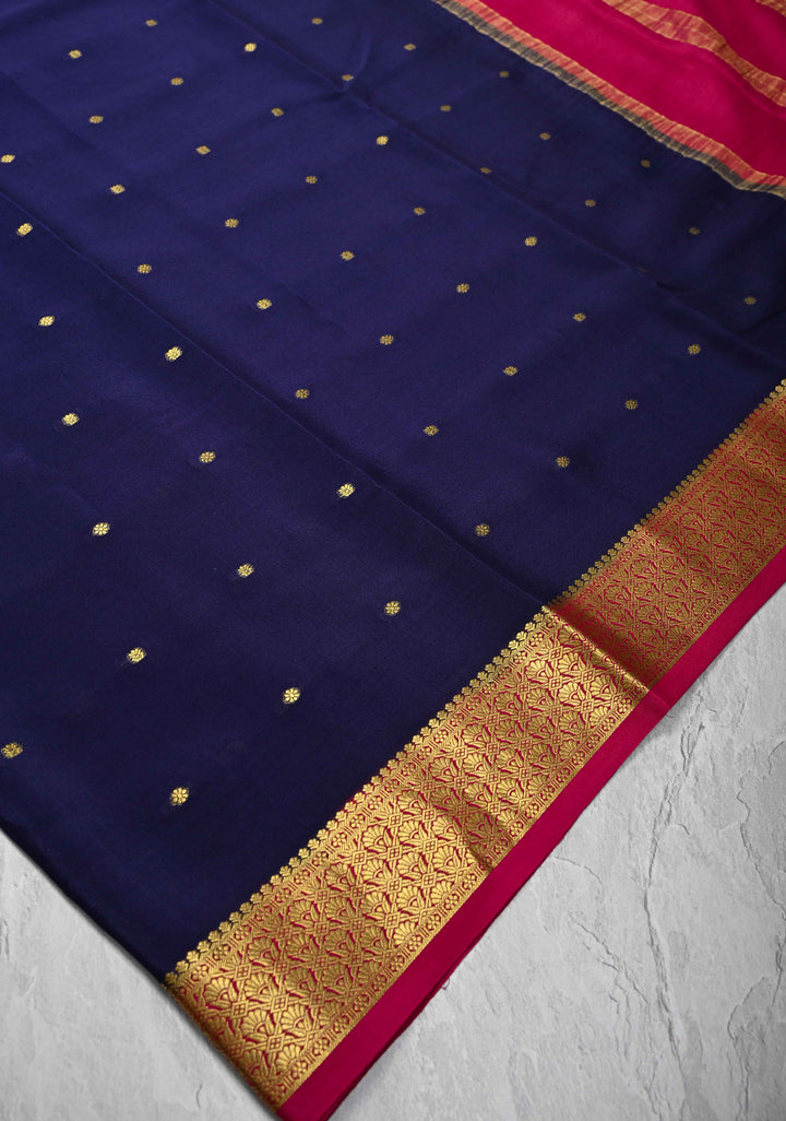 Purple Pure Mysore Silk Saree with Chunri Buttis &  Zari borders in Ksic Grade thickness | SILK MARK CERTIFIED