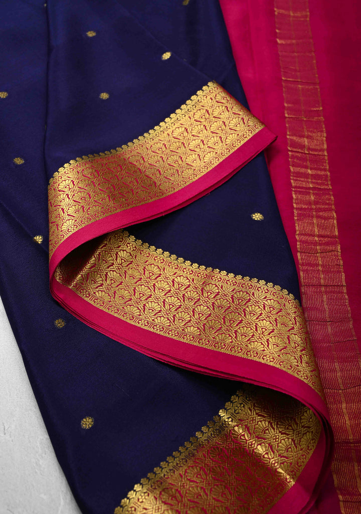 Purple Pure Mysore Silk Saree with Chunri Buttis &  Zari borders in Ksic Grade thickness | SILK MARK CERTIFIED
