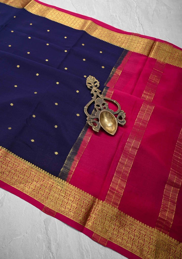 Purple Pure Mysore Silk Saree with Chunri Buttis &  Zari borders in Ksic Grade thickness | SILK MARK CERTIFIED