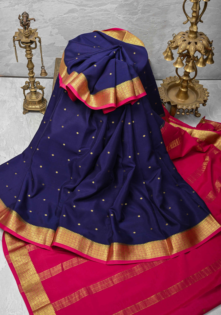 Purple Pure Mysore Silk Saree with Chunri Buttis &  Zari borders in Ksic Grade thickness | SILK MARK CERTIFIED