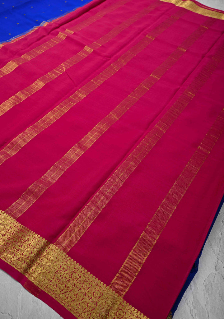 Royal Blue Pure Mysore Silk Saree with Chunri Buttis &  Zari borders in Ksic Grade thickness | SILK MARK CERTIFIED