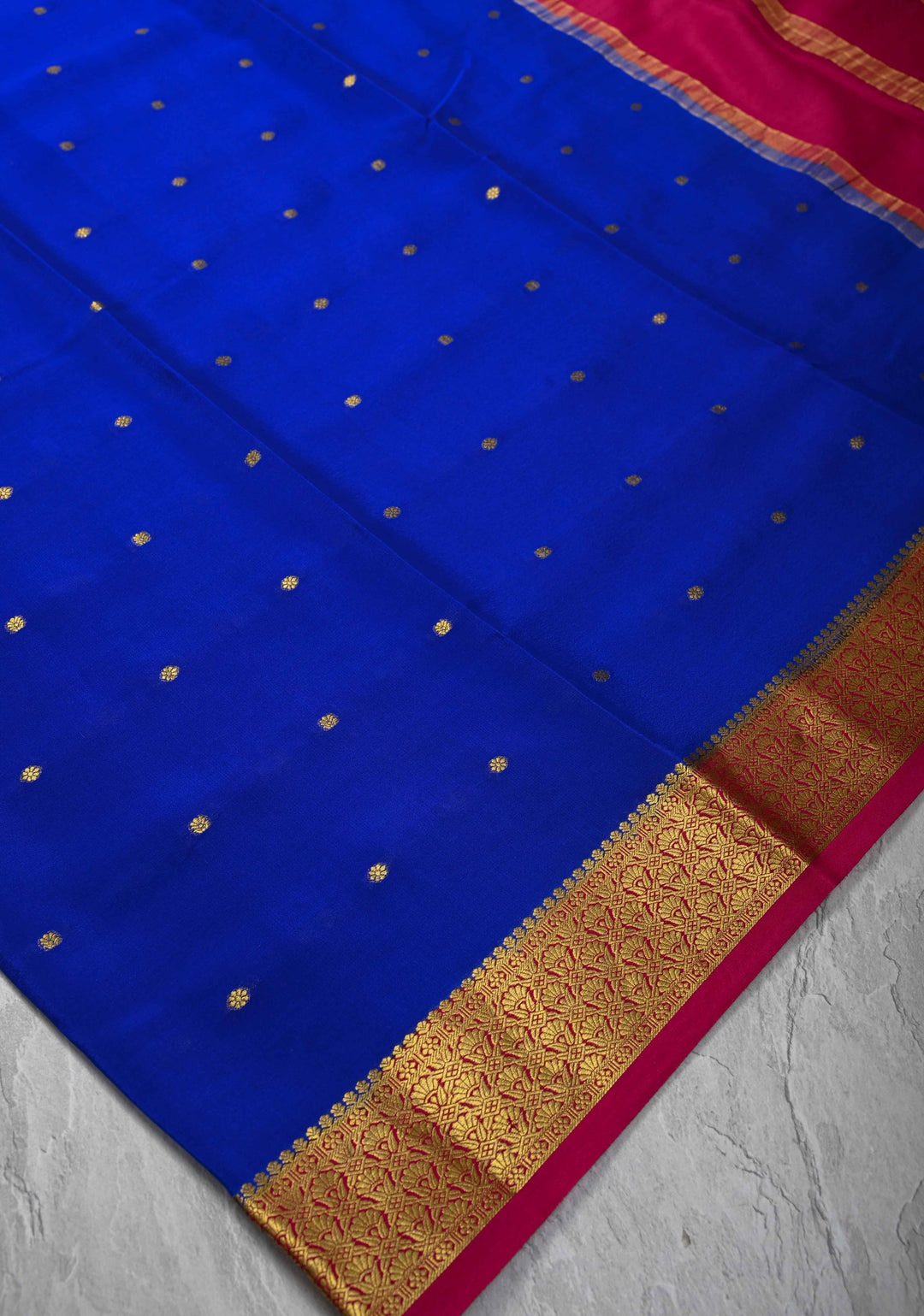 Royal Blue Pure Mysore Silk Saree with Chunri Buttis &  Zari borders in Ksic Grade thickness | SILK MARK CERTIFIED