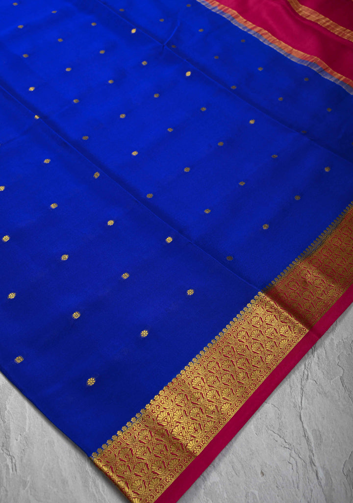 Royal Blue Pure Mysore Silk Saree with Chunri Buttis &  Zari borders in Ksic Grade thickness | SILK MARK CERTIFIED