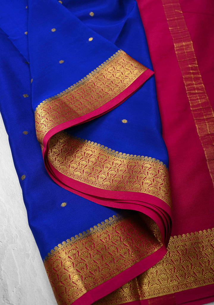 Royal Blue Pure Mysore Silk Saree with Chunri Buttis &  Zari borders in Ksic Grade thickness | SILK MARK CERTIFIED