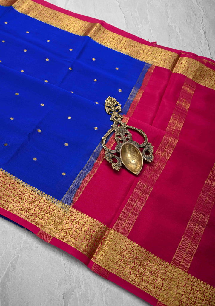 Royal Blue Pure Mysore Silk Saree with Chunri Buttis &  Zari borders in Ksic Grade thickness | SILK MARK CERTIFIED