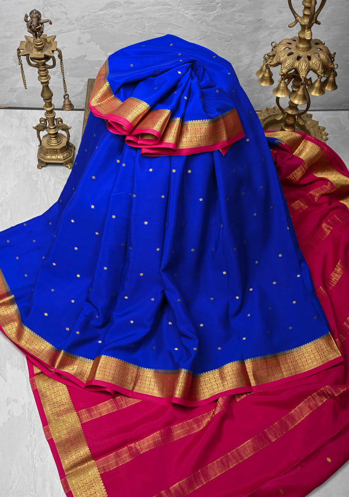 Royal Blue Pure Mysore Silk Saree with Chunri Buttis &  Zari borders in Ksic Grade thickness | SILK MARK CERTIFIED