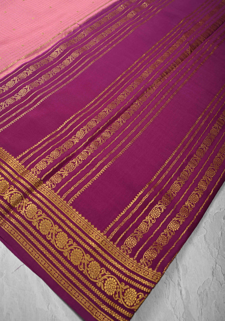 Rose Pink Podi-Kattam Zari Checks on Pure Mysore Silk saree with Zari Buttis and Zari Border in KSIC Grade Thickness | SILK MARK CERTIFIED