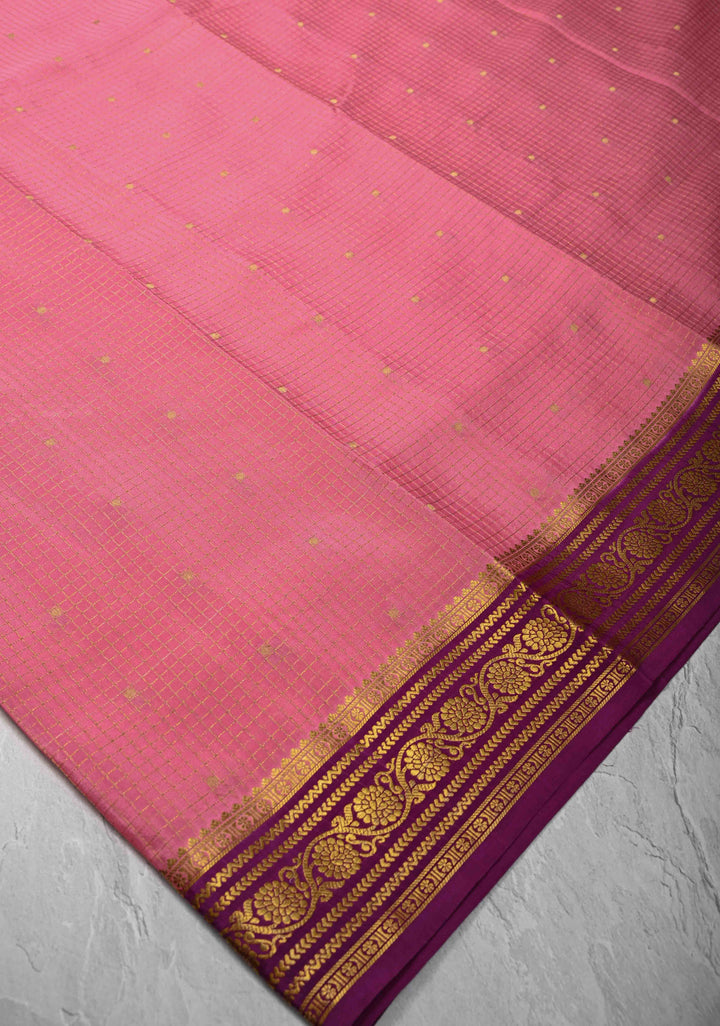 Rose Pink Podi-Kattam Zari Checks on Pure Mysore Silk saree with Zari Buttis and Zari Border in KSIC Grade Thickness | SILK MARK CERTIFIED