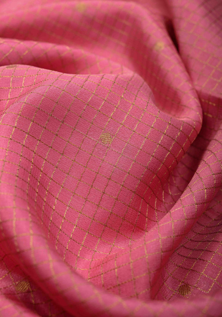 Rose Pink Podi-Kattam Zari Checks on Pure Mysore Silk saree with Zari Buttis and Zari Border in KSIC Grade Thickness | SILK MARK CERTIFIED