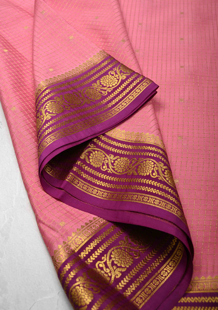 Rose Pink Podi-Kattam Zari Checks on Pure Mysore Silk saree with Zari Buttis and Zari Border in KSIC Grade Thickness | SILK MARK CERTIFIED