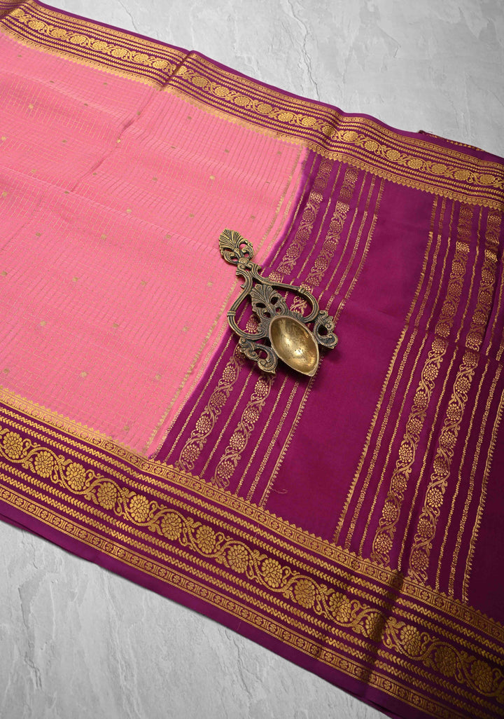 Rose Pink Podi-Kattam Zari Checks on Pure Mysore Silk saree with Zari Buttis and Zari Border in KSIC Grade Thickness | SILK MARK CERTIFIED