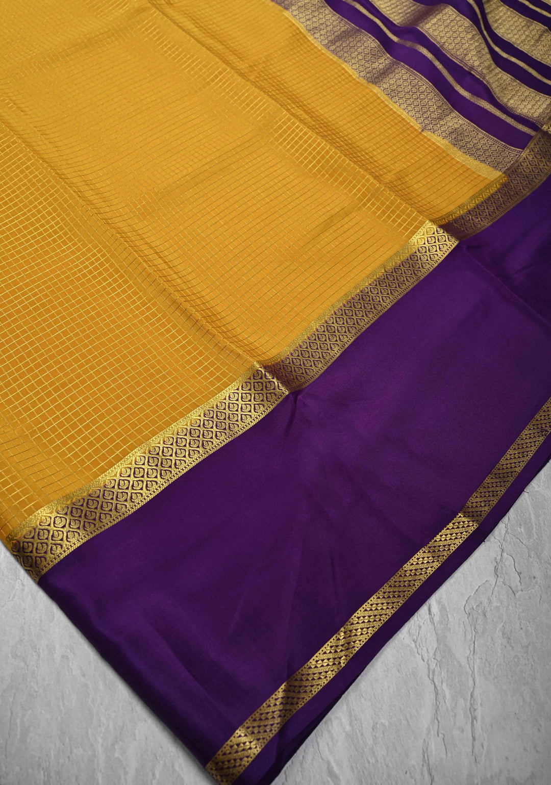 Mustard Yellow Mysore Silk Saree with Podi-Kattam Zari Checks and Rettaipet Contrast Border in KSIC Grade Thickness | SILK MARK CERTIFIED