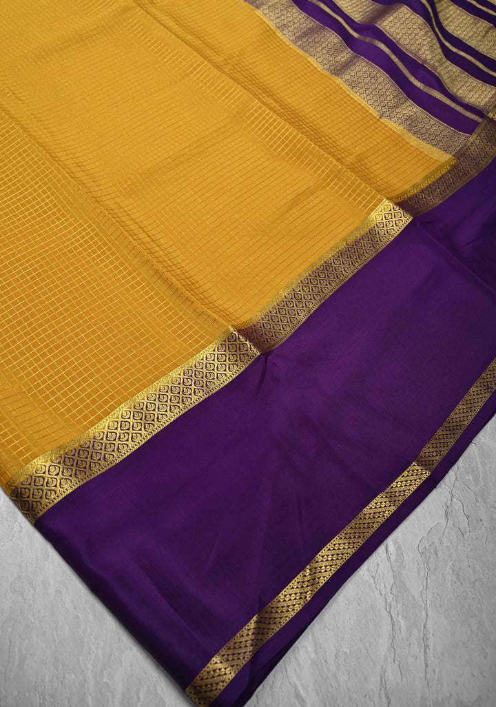 Mustard Yellow Mysore Silk Saree with Podi-Kattam Zari Checks and Rettaipet Contrast Border in KSIC Grade Thickness | SILK MARK CERTIFIED