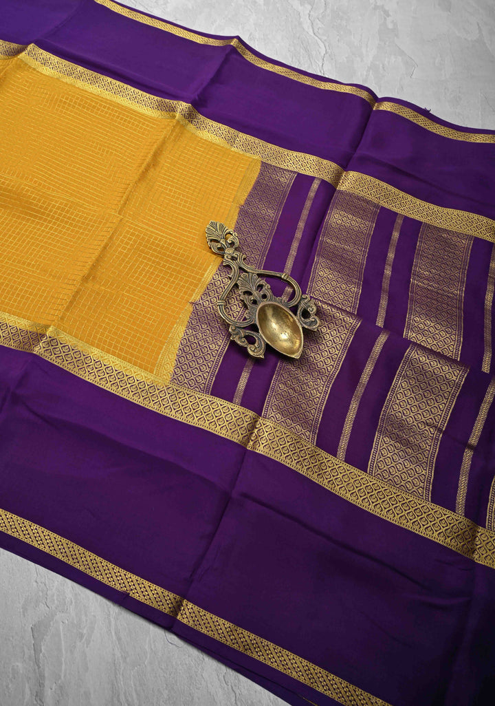Mustard Yellow Mysore Silk Saree with Podi-Kattam Zari Checks and Rettaipet Contrast Border in KSIC Grade Thickness | SILK MARK CERTIFIED