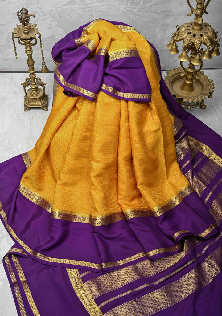 Mustard Yellow Mysore Silk Saree with Podi-Kattam Zari Checks and Rettaipet Contrast Border in KSIC Grade Thickness | SILK MARK CERTIFIED