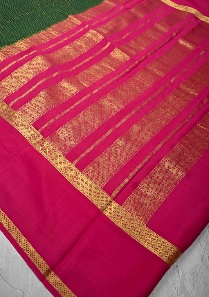 Dark Green Mysore Silk Saree with Podi-Kattam Zari Checks and Rettaipet Contrast Border in KSIC Grade Thickness | SILK MARK CERTIFIED