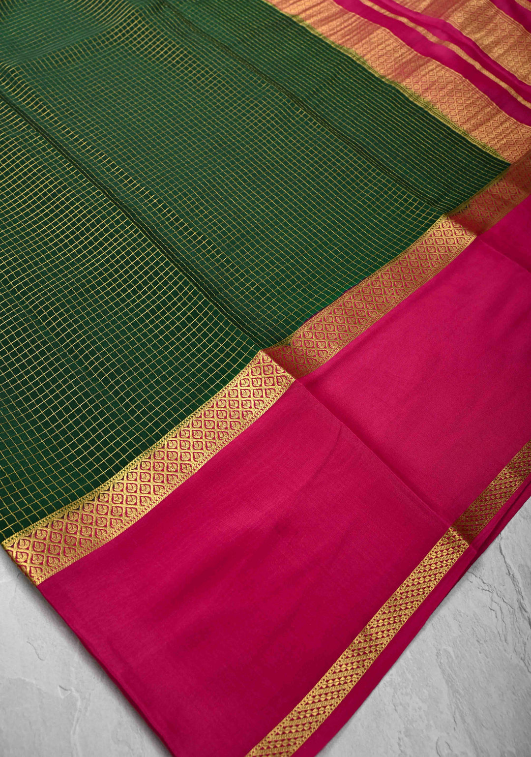 Dark Green Mysore Silk Saree with Podi-Kattam Zari Checks and Rettaipet Contrast Border in KSIC Grade Thickness | SILK MARK CERTIFIED