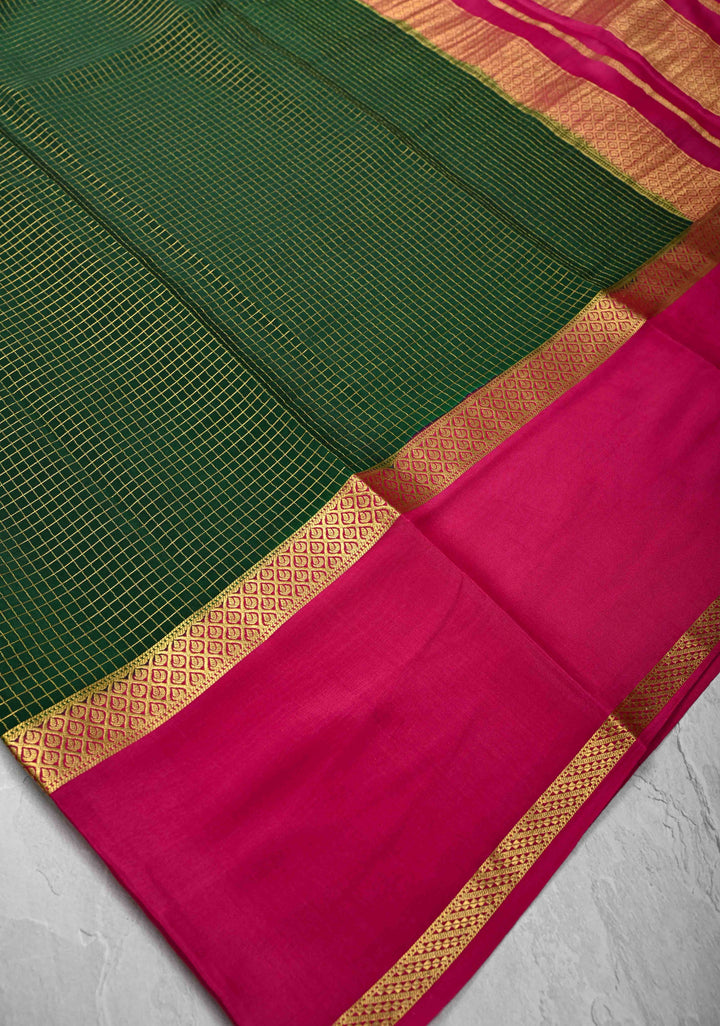 Dark Green Mysore Silk Saree with Podi-Kattam Zari Checks and Rettaipet Contrast Border in KSIC Grade Thickness | SILK MARK CERTIFIED