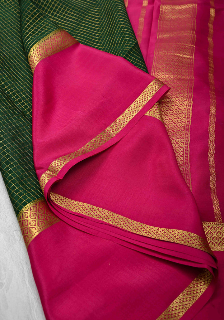 Dark Green Mysore Silk Saree with Podi-Kattam Zari Checks and Rettaipet Contrast Border in KSIC Grade Thickness | SILK MARK CERTIFIED