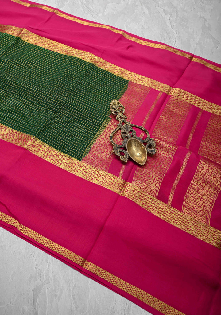 Dark Green Mysore Silk Saree with Podi-Kattam Zari Checks and Rettaipet Contrast Border in KSIC Grade Thickness | SILK MARK CERTIFIED