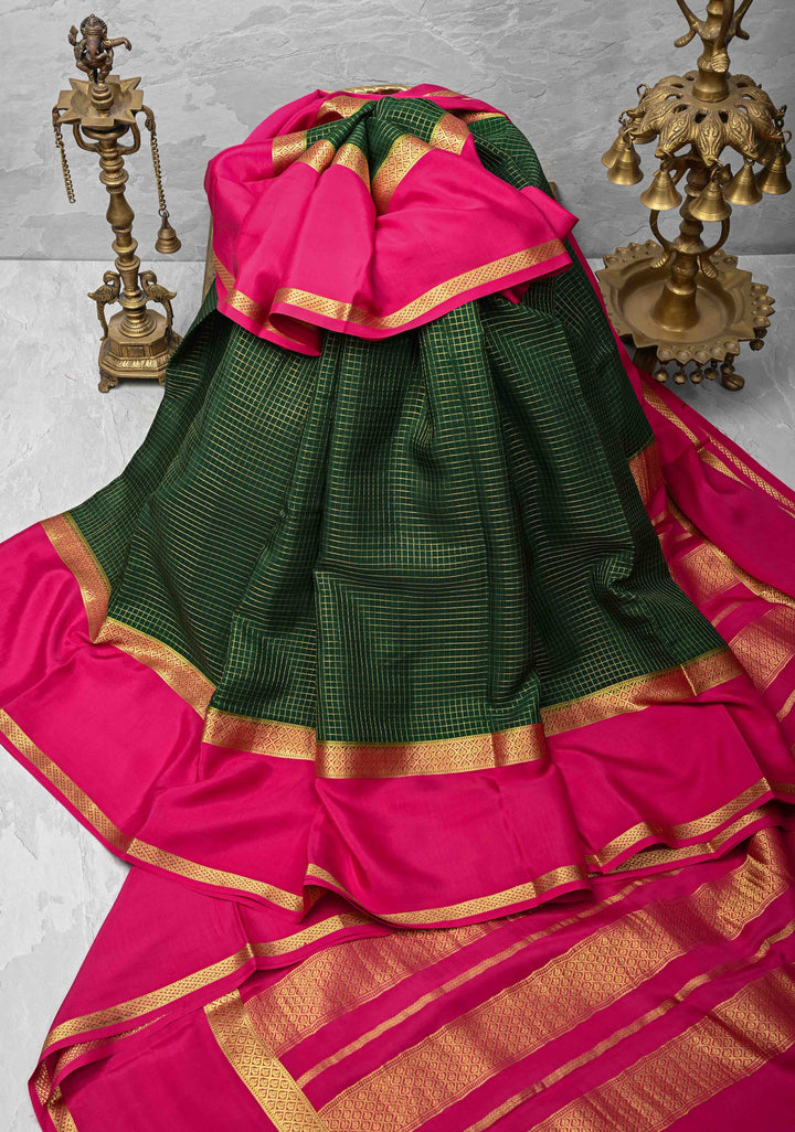 Dark Green Mysore Silk Saree with Podi-Kattam Zari Checks and Rettaipet Contrast Border in KSIC Grade Thickness | SILK MARK CERTIFIED