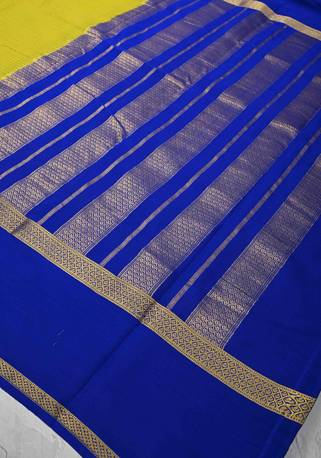 Moss Yellow Mysore Silk Saree with Podi-Kattam Zari Checks and Rettaipet Contrast Border in KSIC Grade Thickness | SILK MARK CERTIFIED
