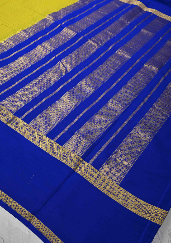 Moss Yellow Mysore Silk Saree with Podi-Kattam Zari Checks and Rettaipet Contrast Border in KSIC Grade Thickness | SILK MARK CERTIFIED