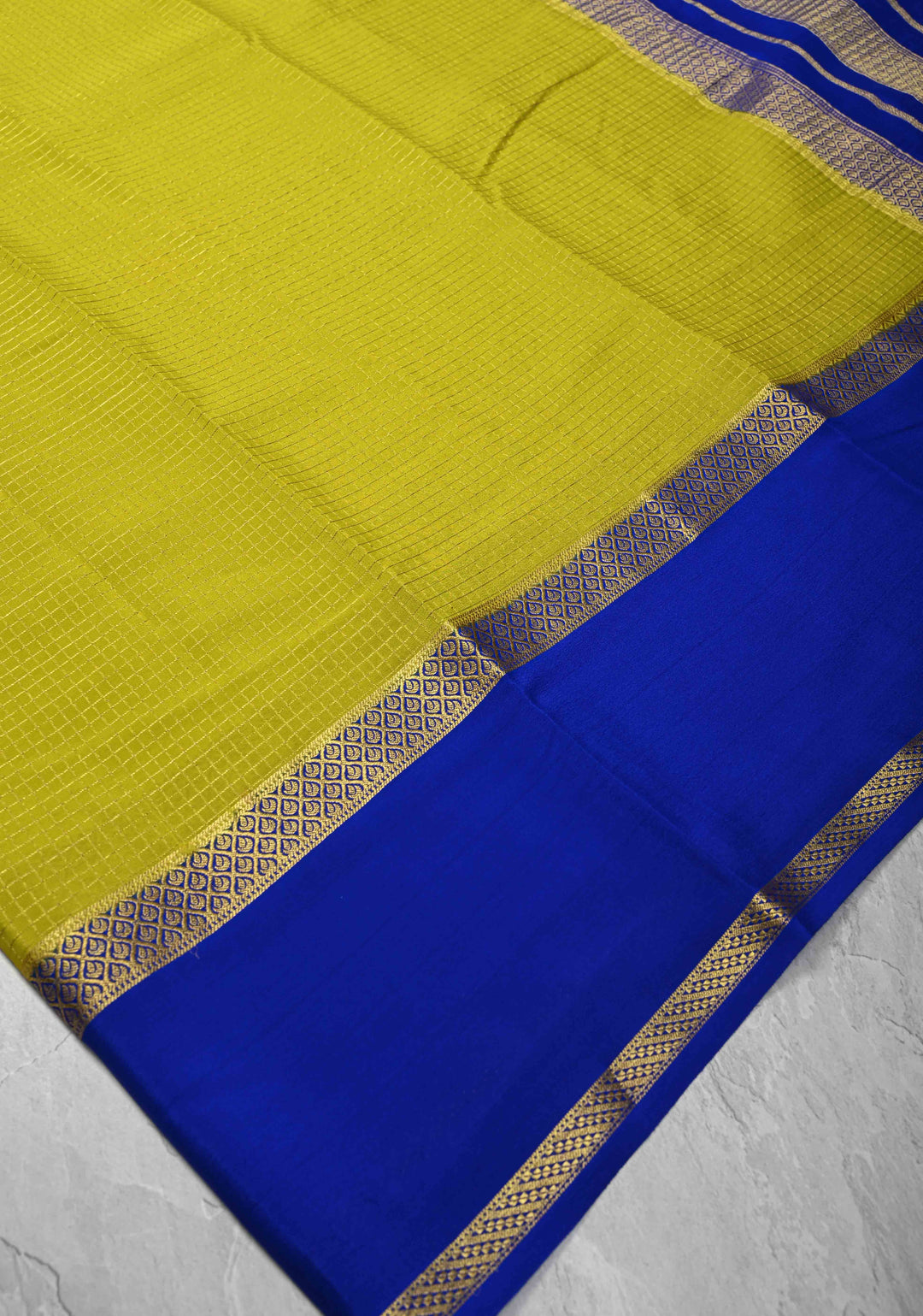 Moss Yellow Mysore Silk Saree with Podi-Kattam Zari Checks and Rettaipet Contrast Border in KSIC Grade Thickness | SILK MARK CERTIFIED