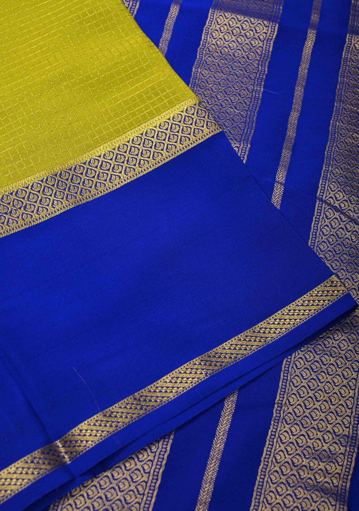 Moss Yellow Mysore Silk Saree with Podi-Kattam Zari Checks and Rettaipet Contrast Border in KSIC Grade Thickness | SILK MARK CERTIFIED