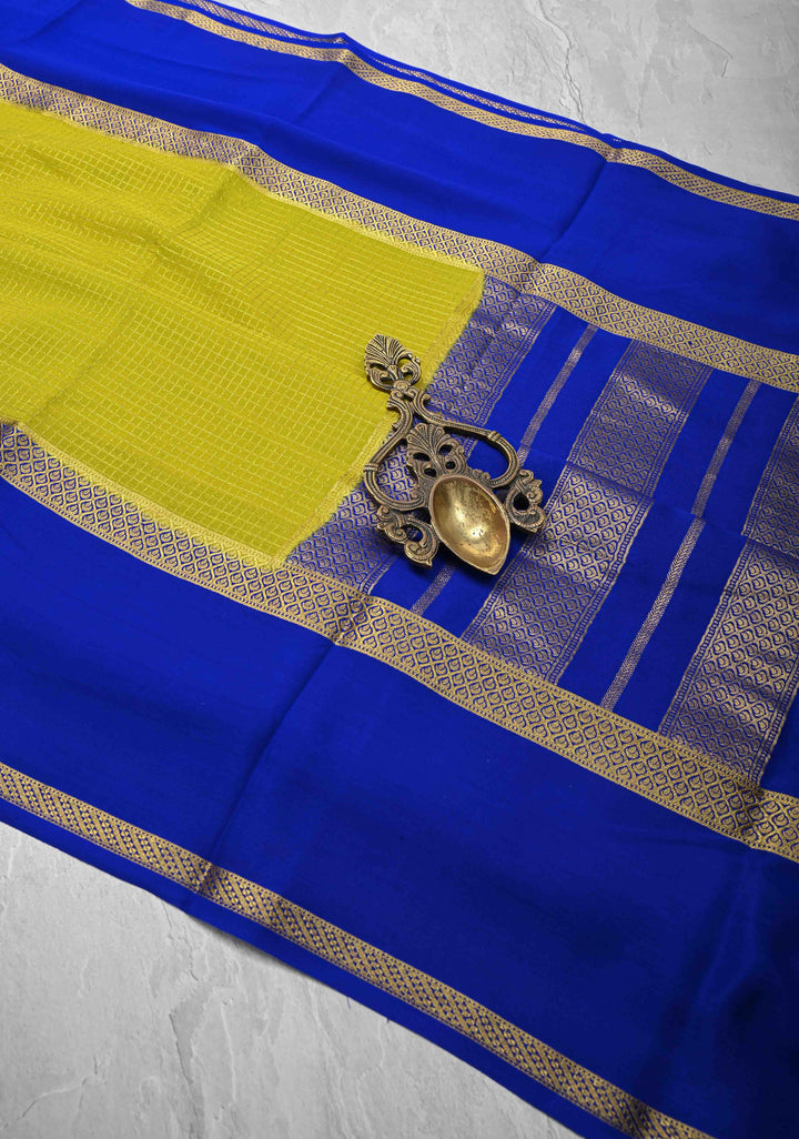 Moss Yellow Mysore Silk Saree with Podi-Kattam Zari Checks and Rettaipet Contrast Border in KSIC Grade Thickness | SILK MARK CERTIFIED