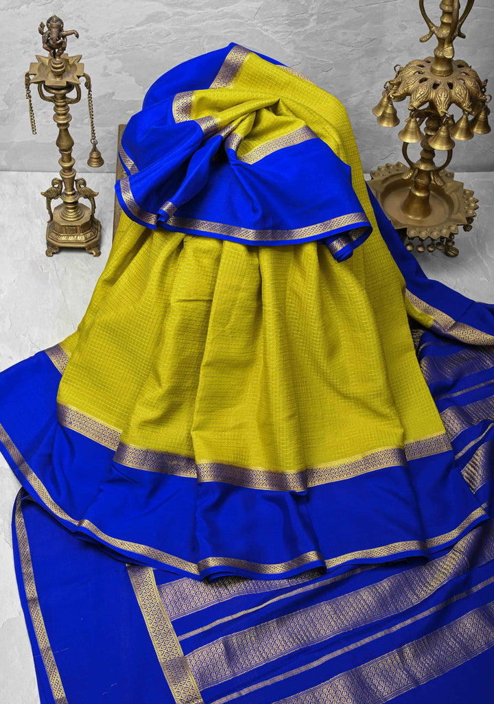 Moss Yellow Mysore Silk Saree with Podi-Kattam Zari Checks and Rettaipet Contrast Border in KSIC Grade Thickness | SILK MARK CERTIFIED