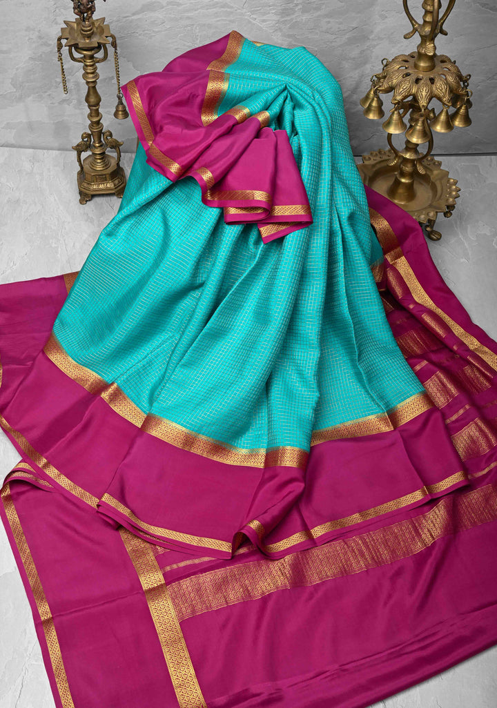 Cyan Mysore Silk Saree with Podi-Kattam Zari Checks and Rettaipet Contrast Border in KSIC Grade Thickness | SILK MARK CERTIFIED