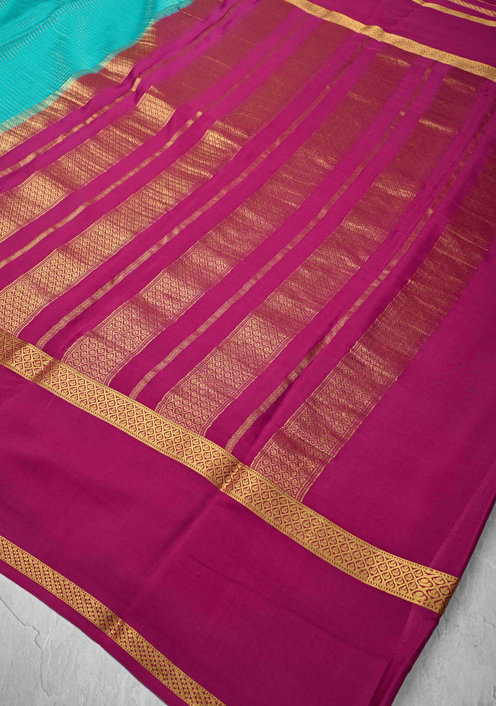 Cyan Mysore Silk Saree with Podi-Kattam Zari Checks and Rettaipet Contrast Border in KSIC Grade Thickness | SILK MARK CERTIFIED