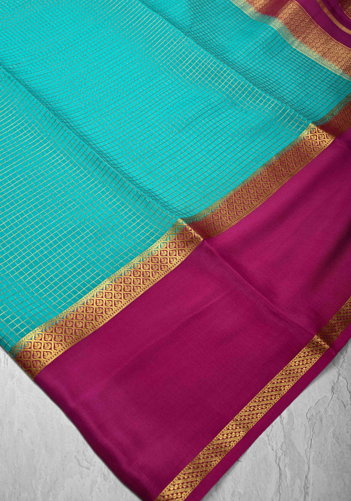 Cyan Mysore Silk Saree with Podi-Kattam Zari Checks and Rettaipet Contrast Border in KSIC Grade Thickness | SILK MARK CERTIFIED