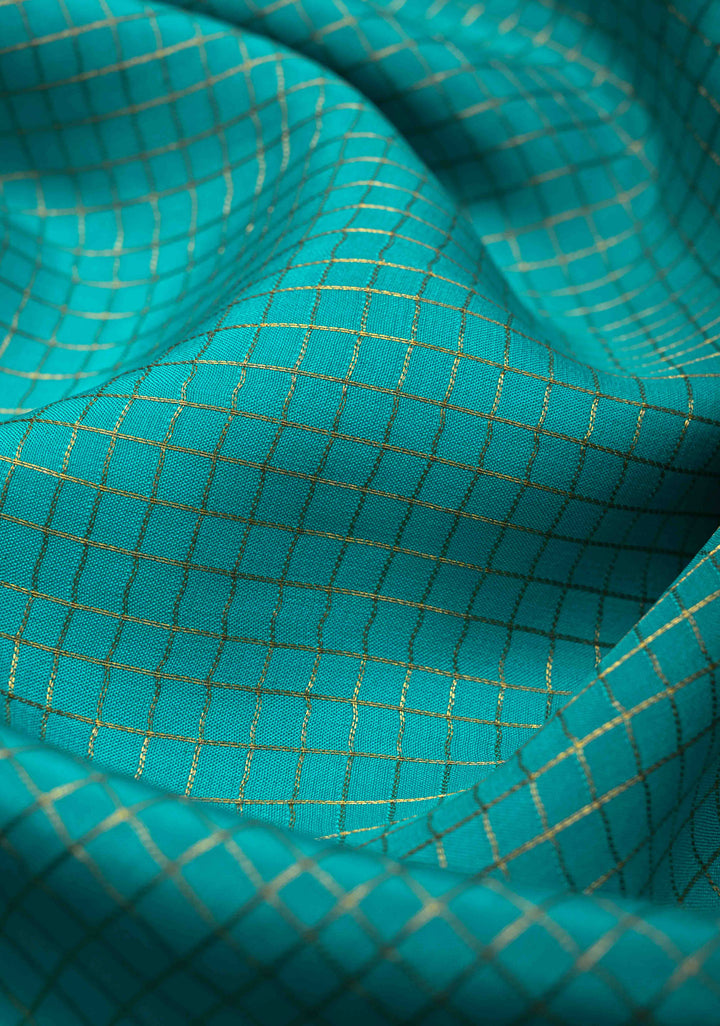 Cyan Mysore Silk Saree with Podi-Kattam Zari Checks and Rettaipet Contrast Border in KSIC Grade Thickness | SILK MARK CERTIFIED