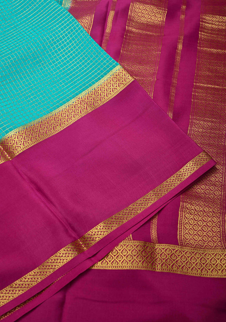 Cyan Mysore Silk Saree with Podi-Kattam Zari Checks and Rettaipet Contrast Border in KSIC Grade Thickness | SILK MARK CERTIFIED
