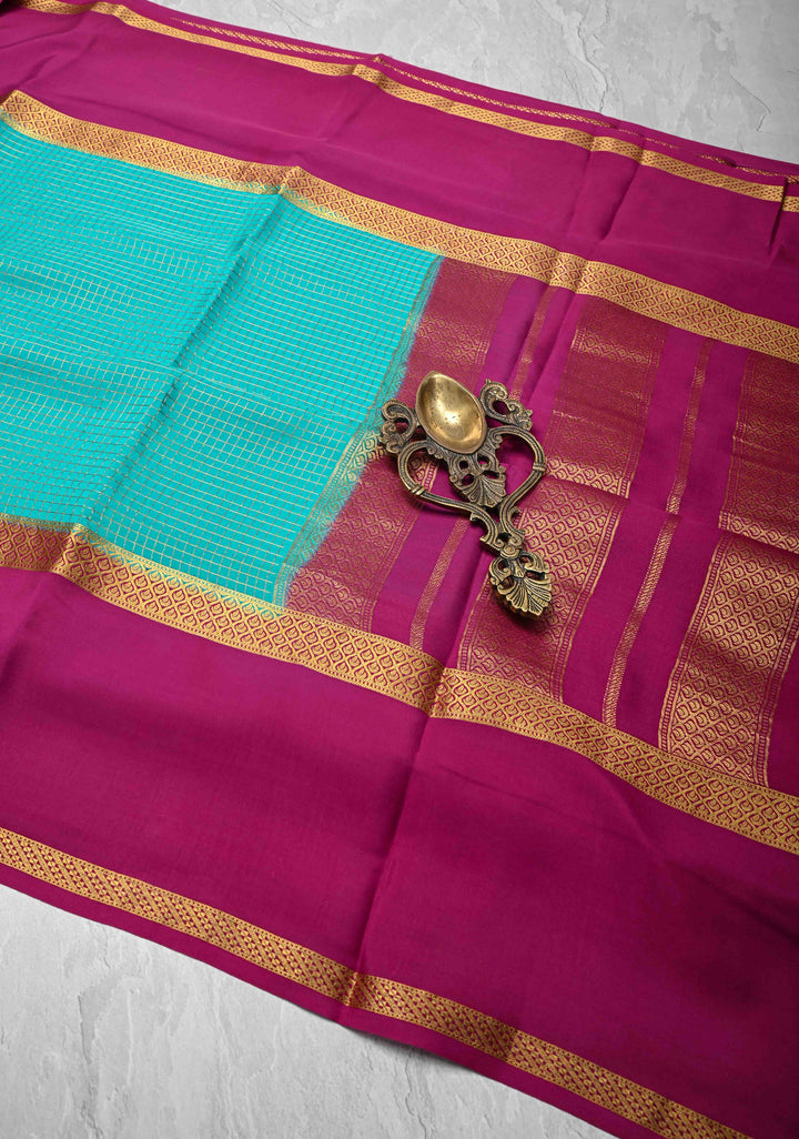 Cyan Mysore Silk Saree with Podi-Kattam Zari Checks and Rettaipet Contrast Border in KSIC Grade Thickness | SILK MARK CERTIFIED