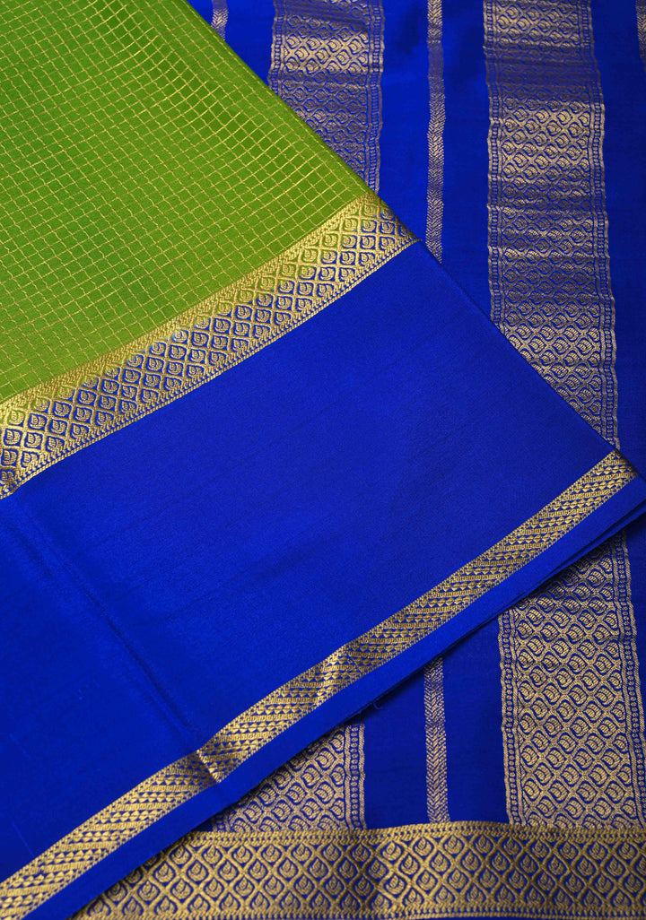 Lime Green Mysore Silk Saree with Podi-Kattam Zari Checks and Rettaipet Contrast Border in KSIC Grade Thickness | SILK MARK CERTIFIED