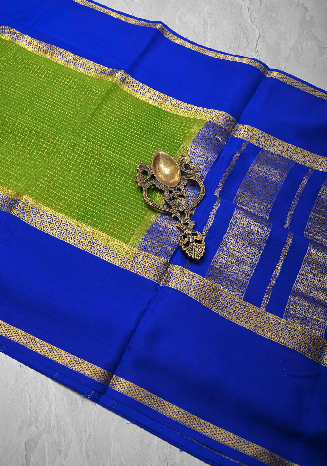 Lime Green Mysore Silk Saree with Podi-Kattam Zari Checks and Rettaipet Contrast Border in KSIC Grade Thickness | SILK MARK CERTIFIED