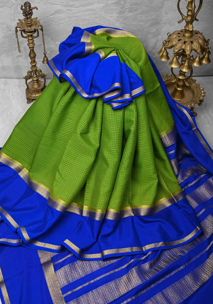 Lime Green Mysore Silk Saree with Podi-Kattam Zari Checks and Rettaipet Contrast Border in KSIC Grade Thickness | SILK MARK CERTIFIED