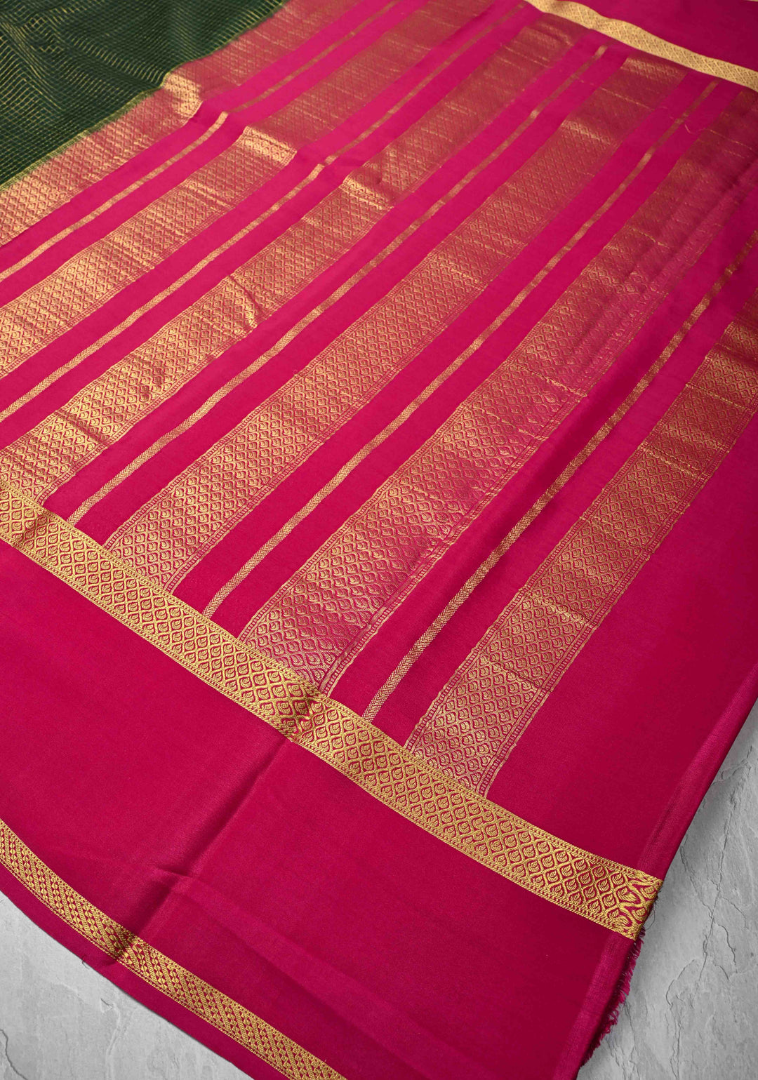 Dark Green Mysore Silk Saree with Podi-Kattam Zari Checks and Rettaipet Contrast Border in KSIC Grade Thickness | SILK MARK CERTIFIED