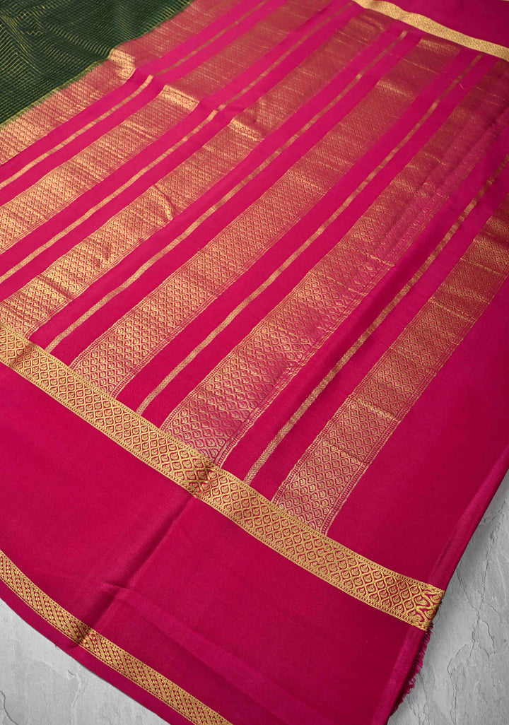 Dark Green Mysore Silk Saree with Podi-Kattam Zari Checks and Rettaipet Contrast Border in KSIC Grade Thickness | SILK MARK CERTIFIED