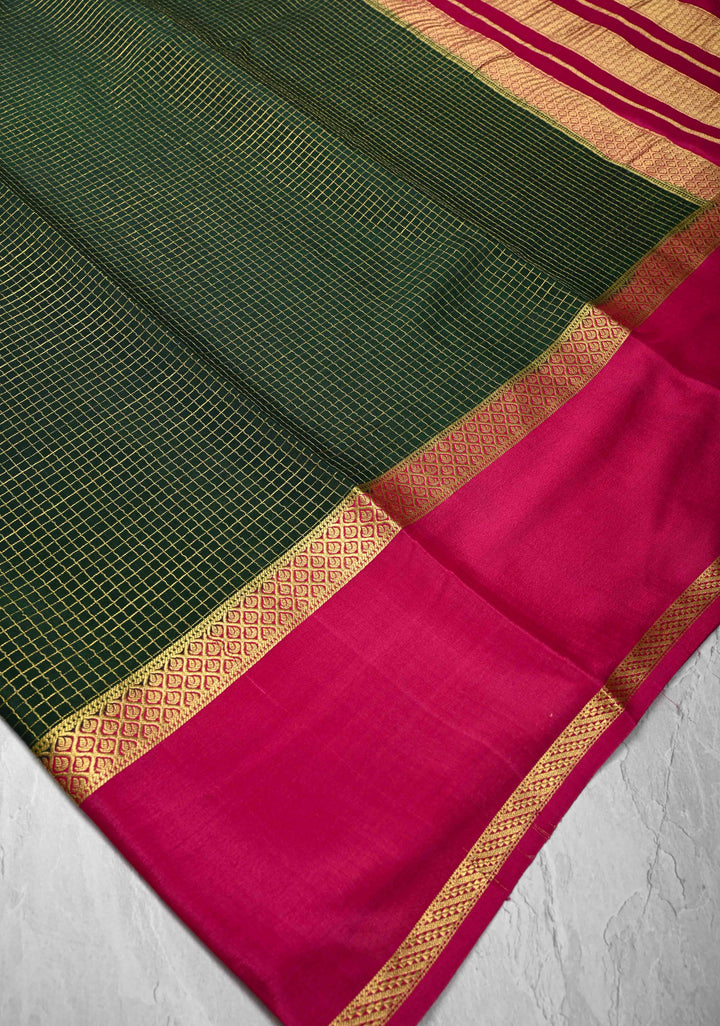 Dark Green Mysore Silk Saree with Podi-Kattam Zari Checks and Rettaipet Contrast Border in KSIC Grade Thickness | SILK MARK CERTIFIED