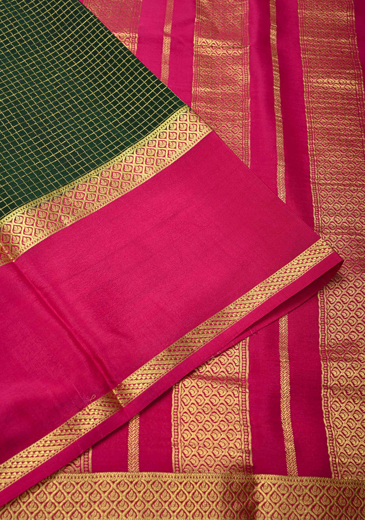 Dark Green Mysore Silk Saree with Podi-Kattam Zari Checks and Rettaipet Contrast Border in KSIC Grade Thickness | SILK MARK CERTIFIED