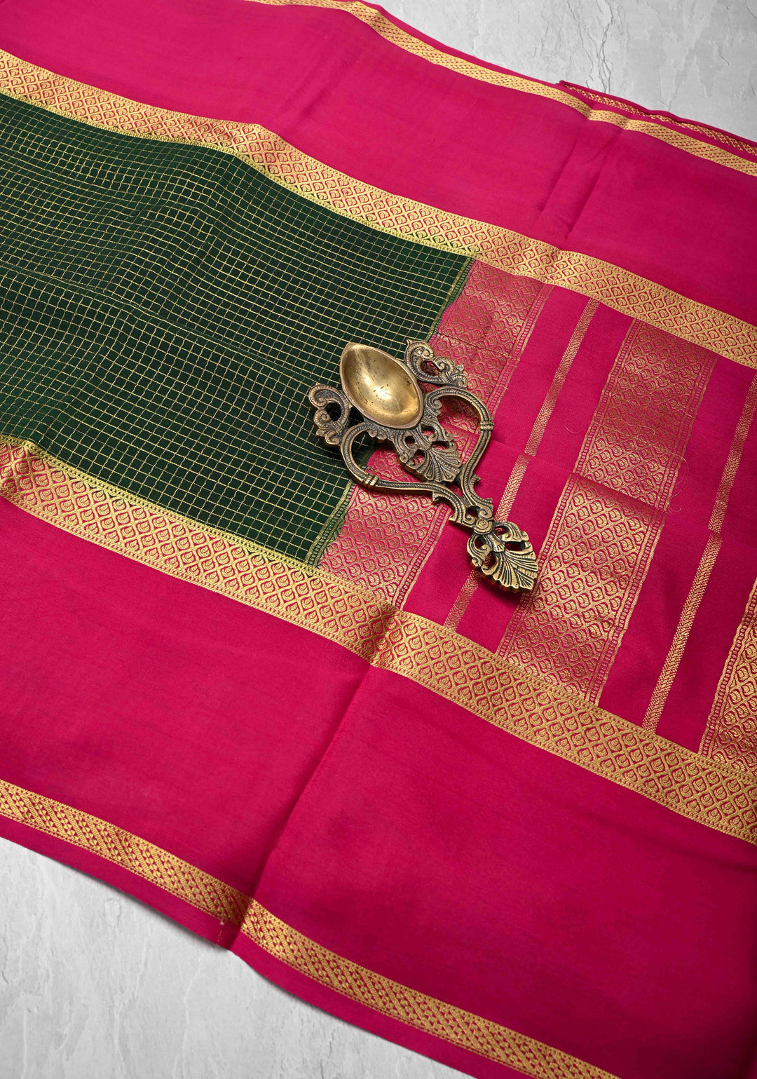 Dark Green Mysore Silk Saree with Podi-Kattam Zari Checks and Rettaipet Contrast Border in KSIC Grade Thickness | SILK MARK CERTIFIED