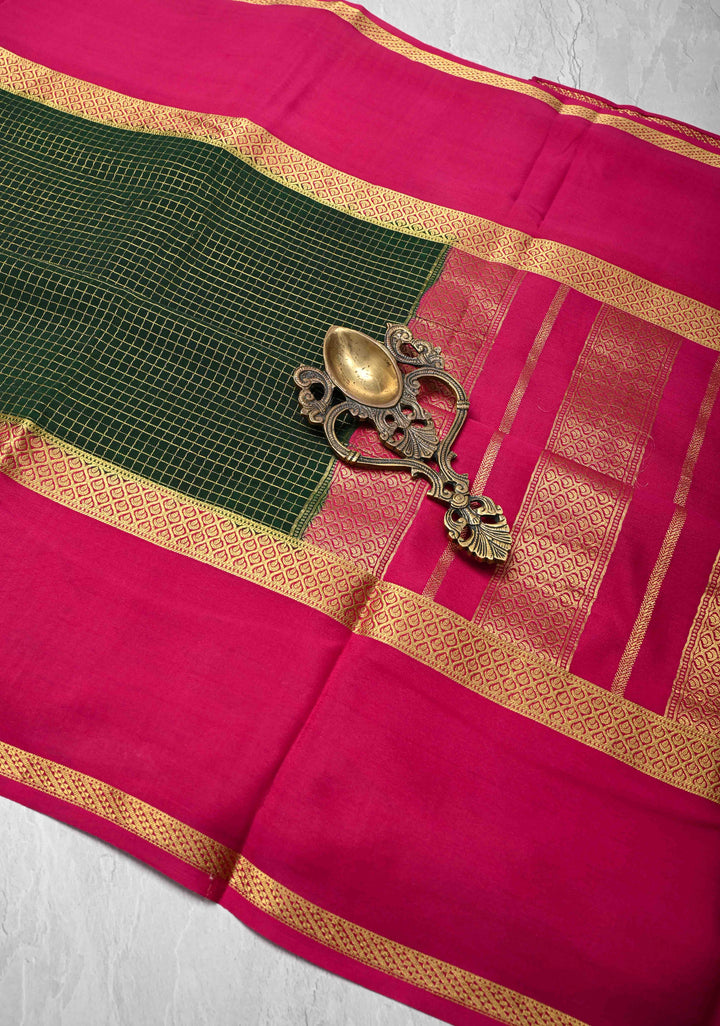 Dark Green Mysore Silk Saree with Podi-Kattam Zari Checks and Rettaipet Contrast Border in KSIC Grade Thickness | SILK MARK CERTIFIED